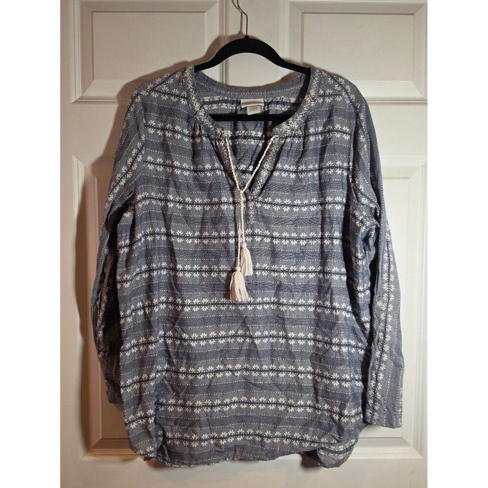 Liz Claiborne Boho Tassel Peasant Top in Slate Blue and White Cotton XL